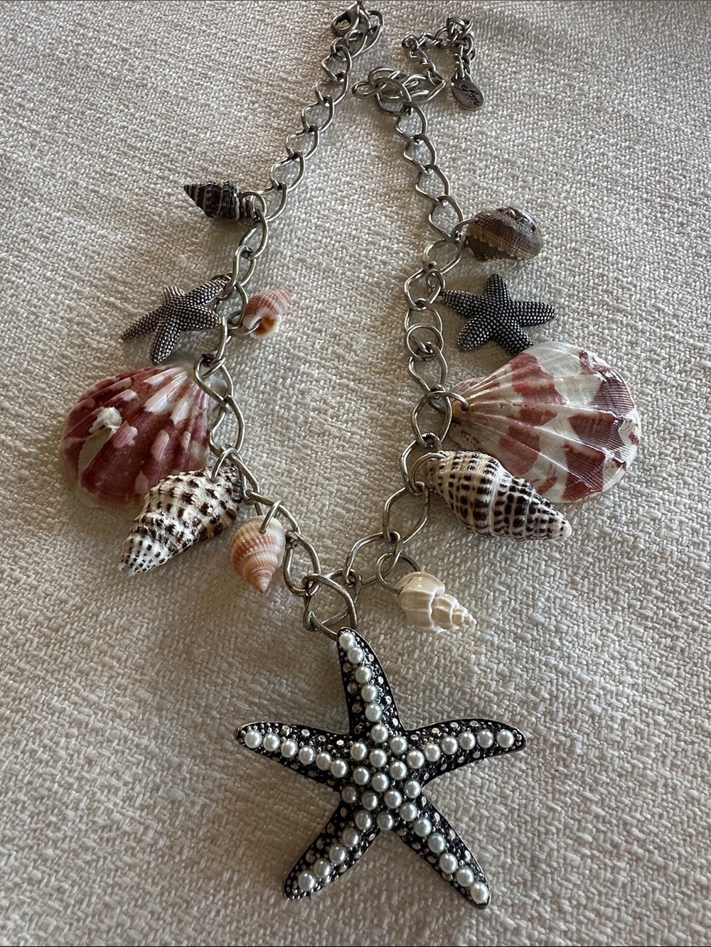 Chunky Seashell & Starfish Charm Necklace - Silver Tone with Pearled Starfish